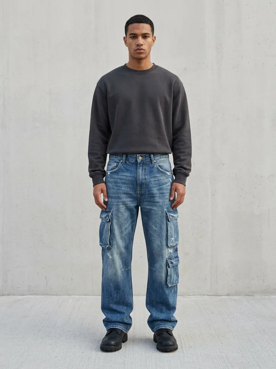 Men's Mid-Blue Utility Straight-Leg Cargo Jeans