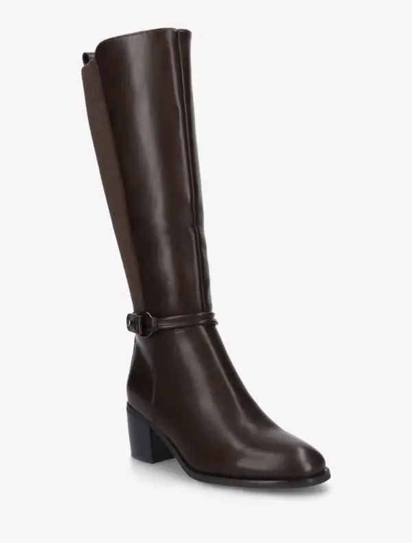 Refined Strap Detail Buckle Detail Block Heel Faux Leather Knee High Boots