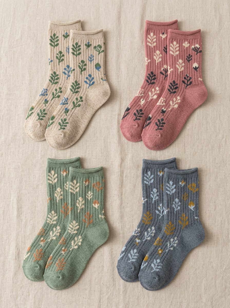 Women's Rolled-Cuff Botanical Ribbed Crew Sock Set