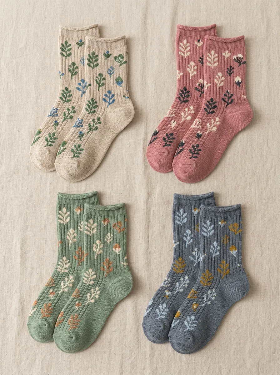 Women's Rolled-Cuff Botanical Ribbed Crew Sock Set