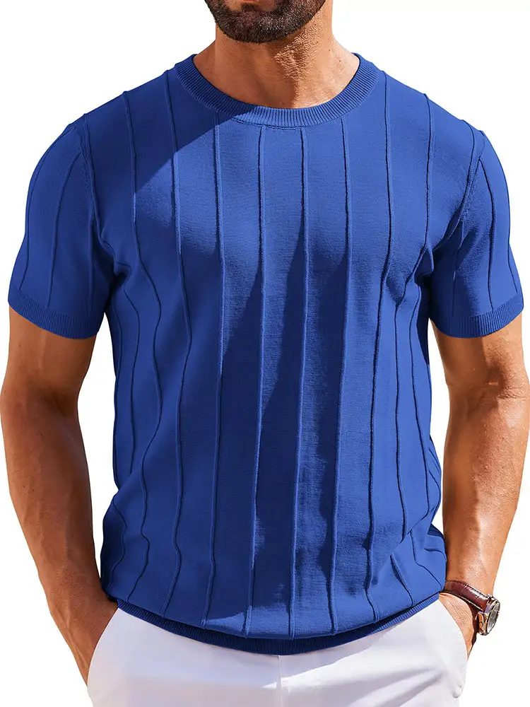 Casual Short Sleeve Ribbed Knit Pullover Tee