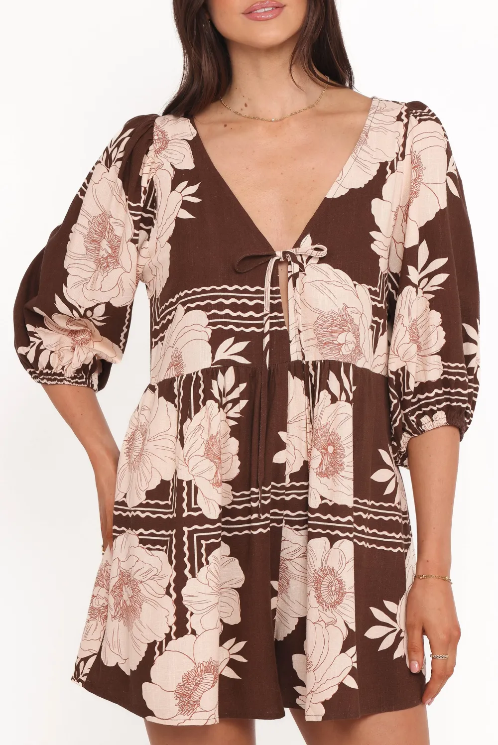 V-Neck Pocket Long-Sleeve Linen Floral Romper