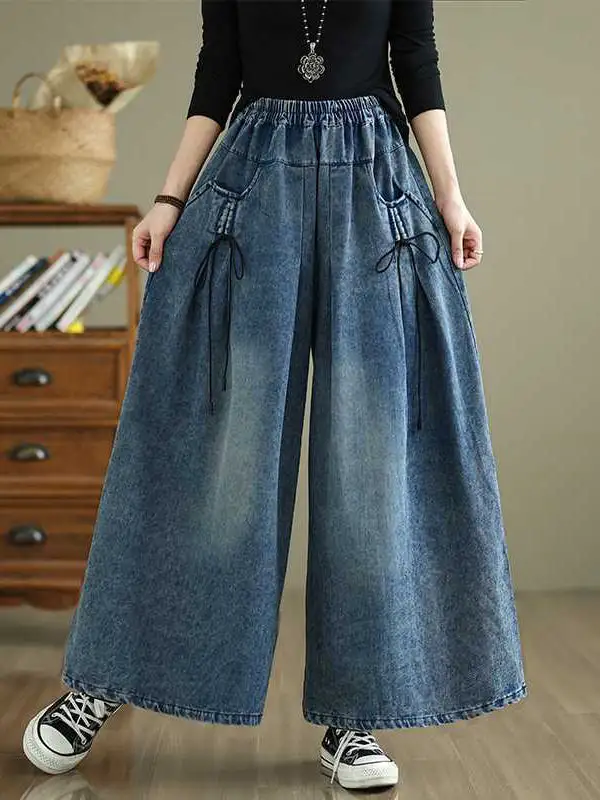 High Waist Relaxed Fit Wide Leg Pleated Elastic Waist Pocket Jeans