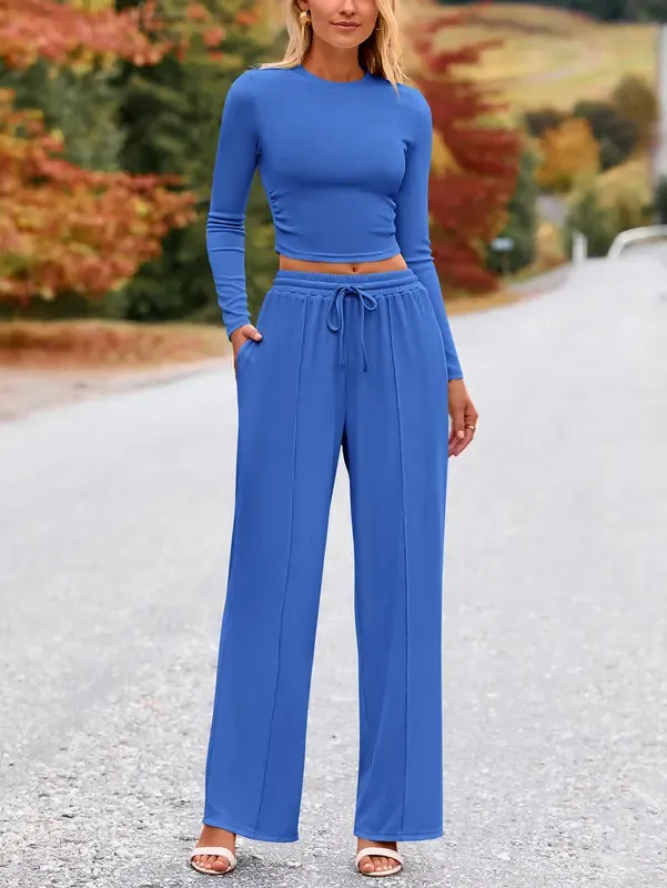 Women's 2-Piece Ribbed Knit Long Sleeve Crop Top Wide Leg Pants Matching Lounge Set Loungewear