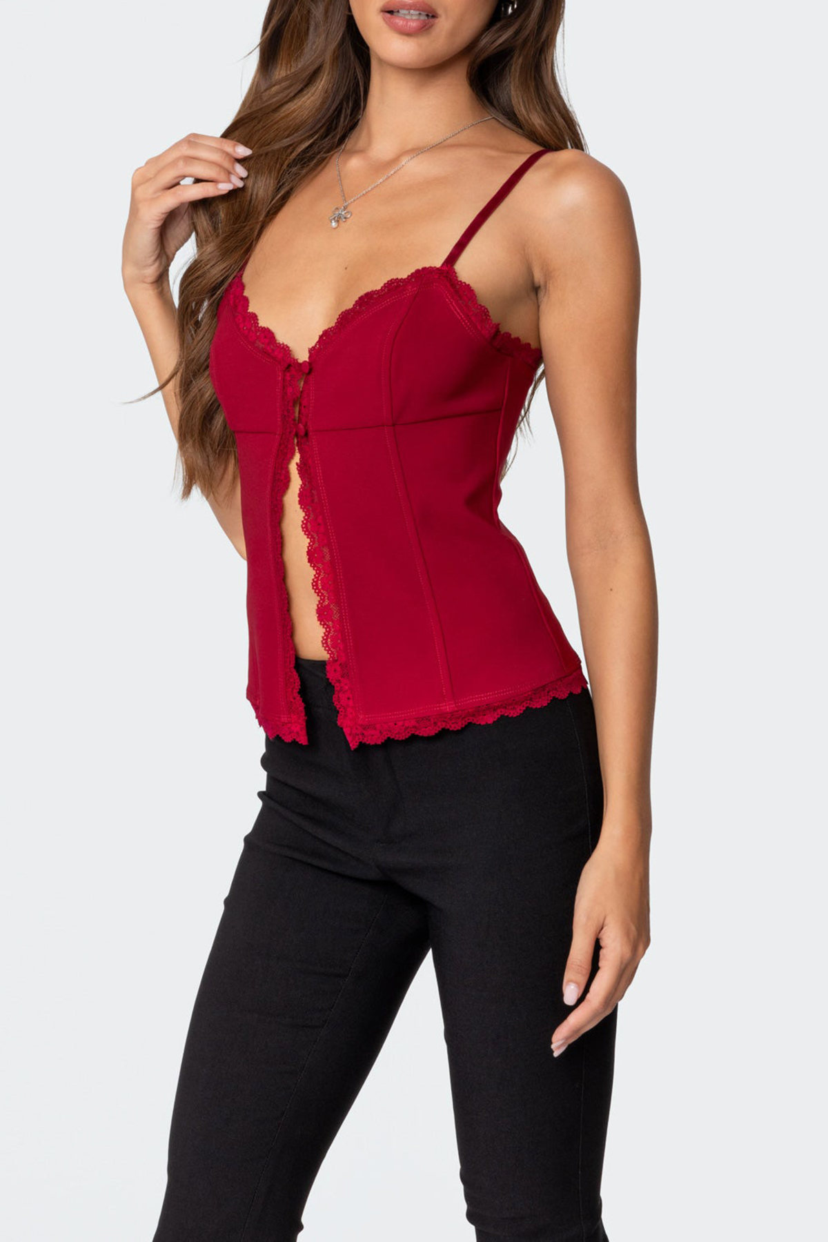 Crimson Lacey Split Front Top