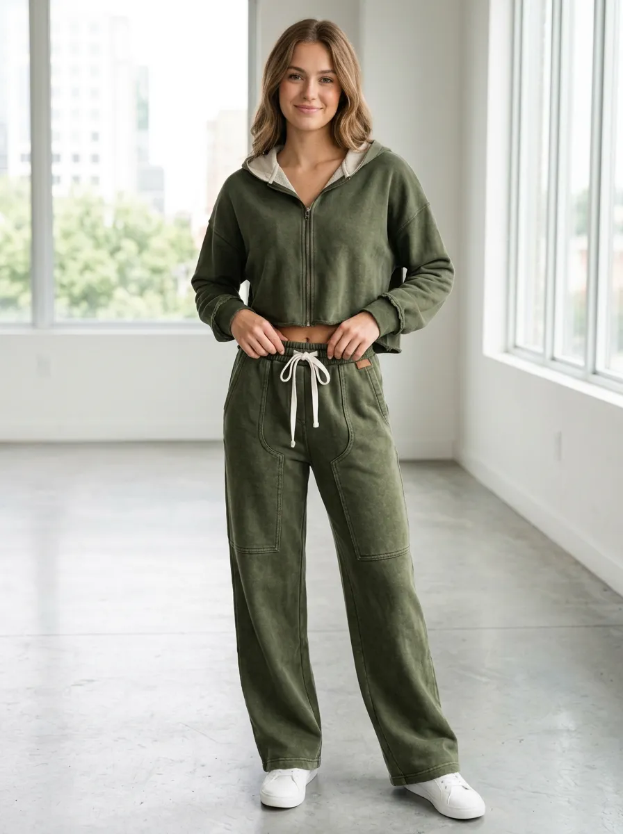 Women's Olive Green Mineral Wash Cropped Zip Hoodie Wide Leg Sweatpants Set