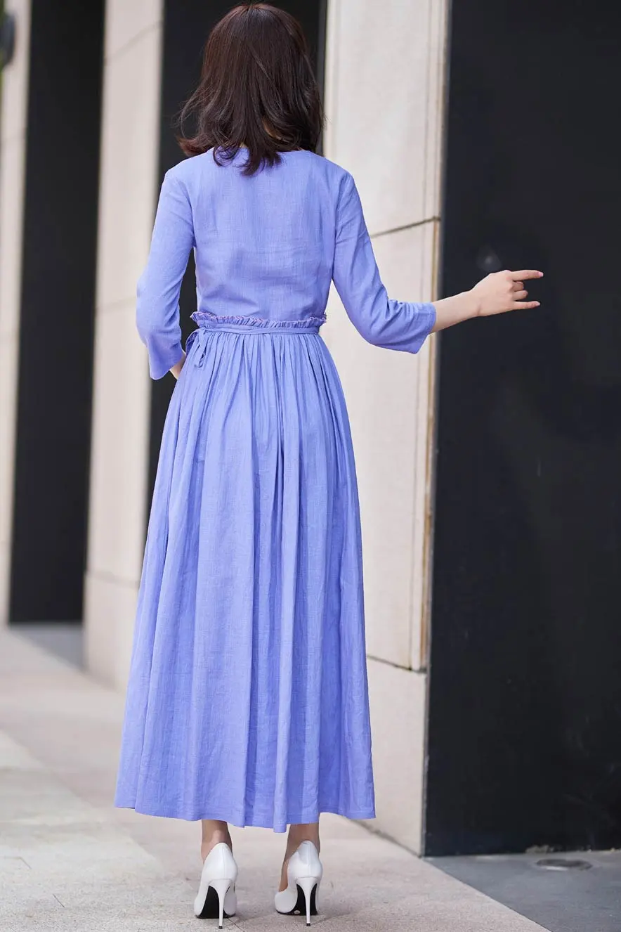 Linen Cotton Fit And Flare Ruffle Maxi Dress