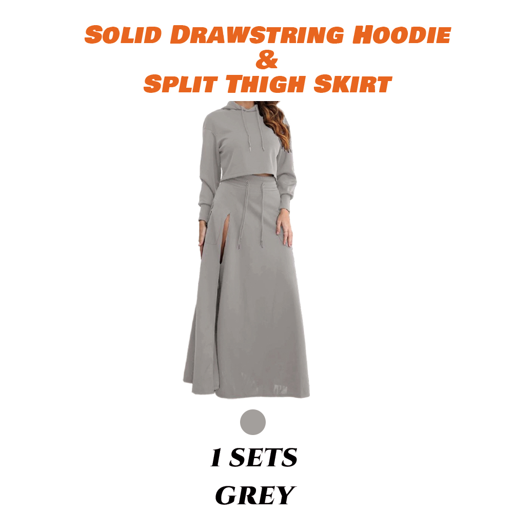 Women'S Solid Drawstring Hoodie & Split Thigh Skirt Set, Long Sleeve Top & Pocket Long Skirt, Casual Fashion Cozy Co-Ord Set, Women Clothes