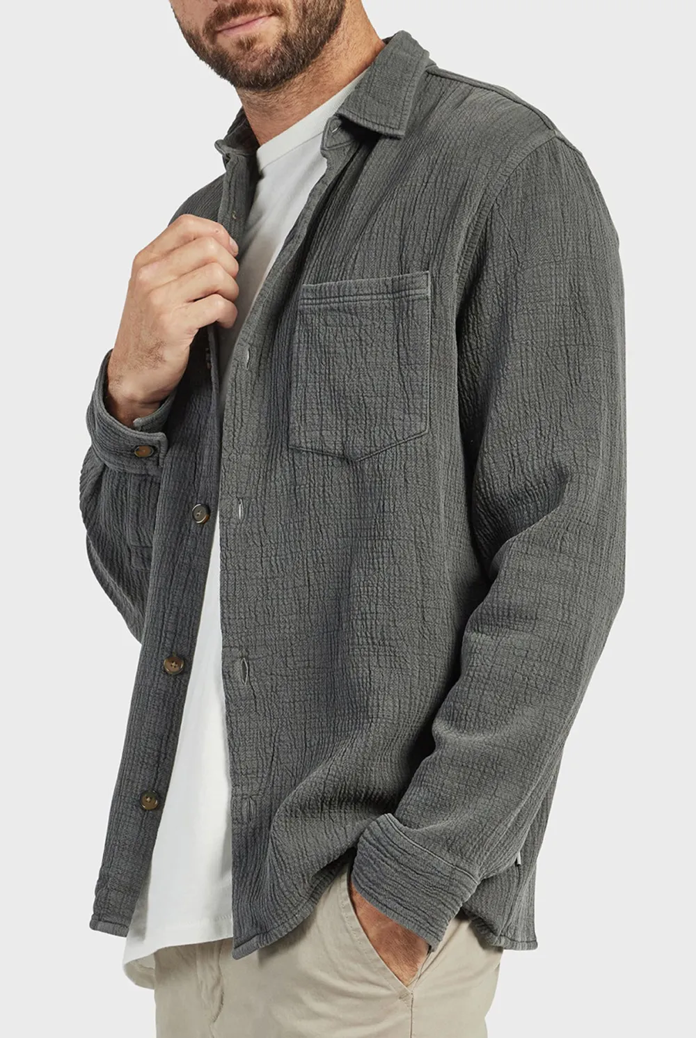 Gray Textured Button Down Overshirt
