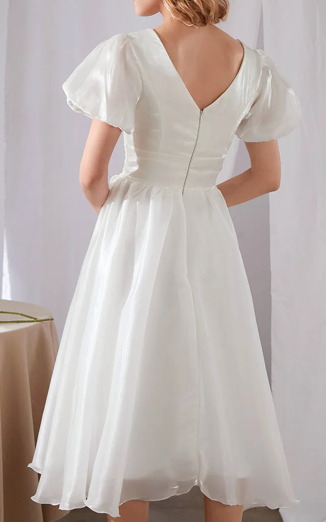 Polyester Swing V Neck Puff Sleeve Midi Dress