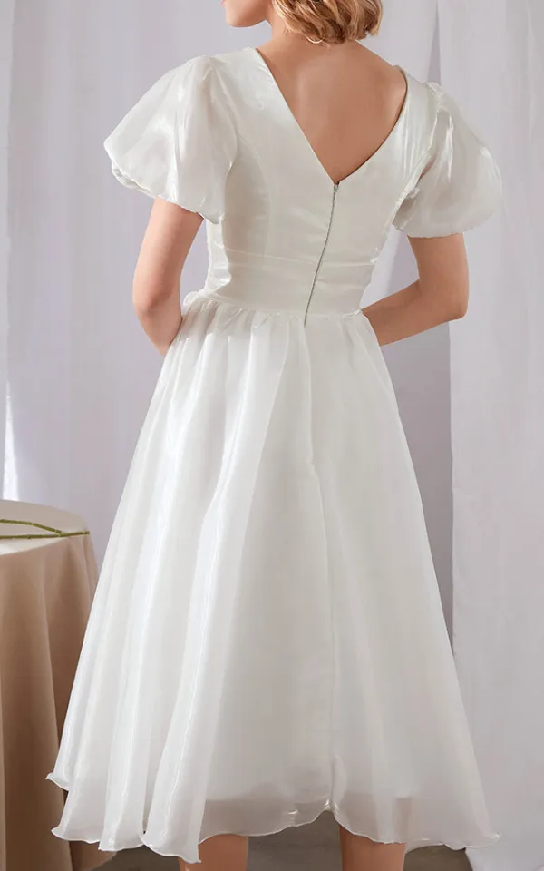 Polyester Swing V Neck Puff Sleeve Midi Dress