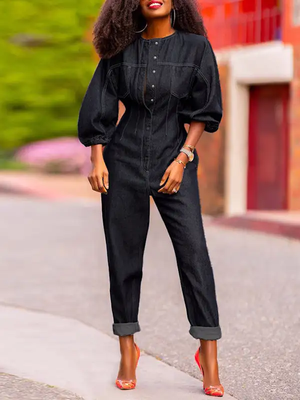 Jumpsuits Met Pofmouwen Splitverbinding En Ronde Hals