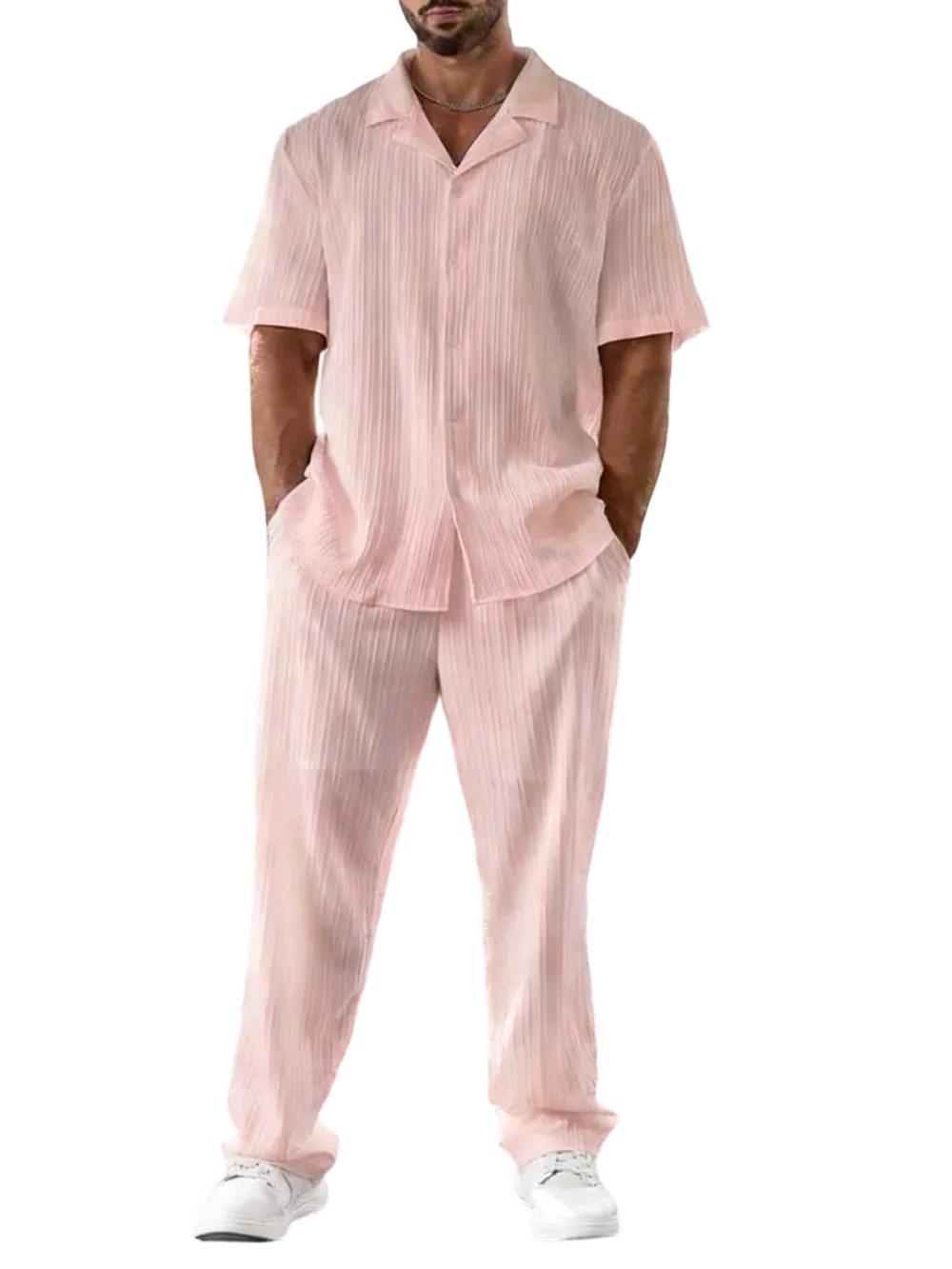 Men's Two-piece Suit Shirt and Elastic Waist Pants Set