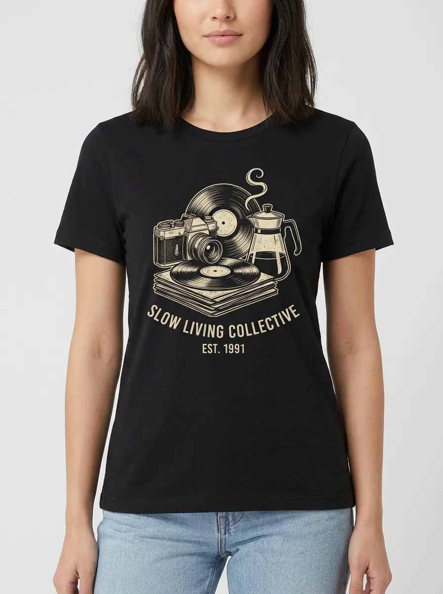 Women's Slow Living Vinyl Camera Coffee Graphic T-Shirt