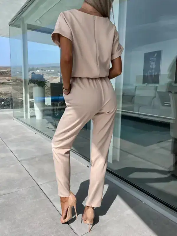 Short Sleeved V Neck Slip Pocket Shorts