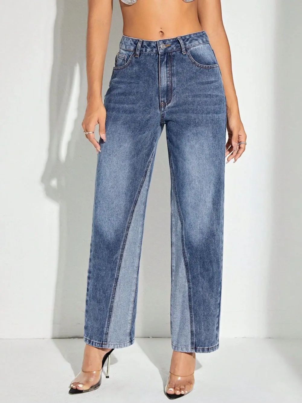Straight Leg Pocketed Patchwork Denim Jeans