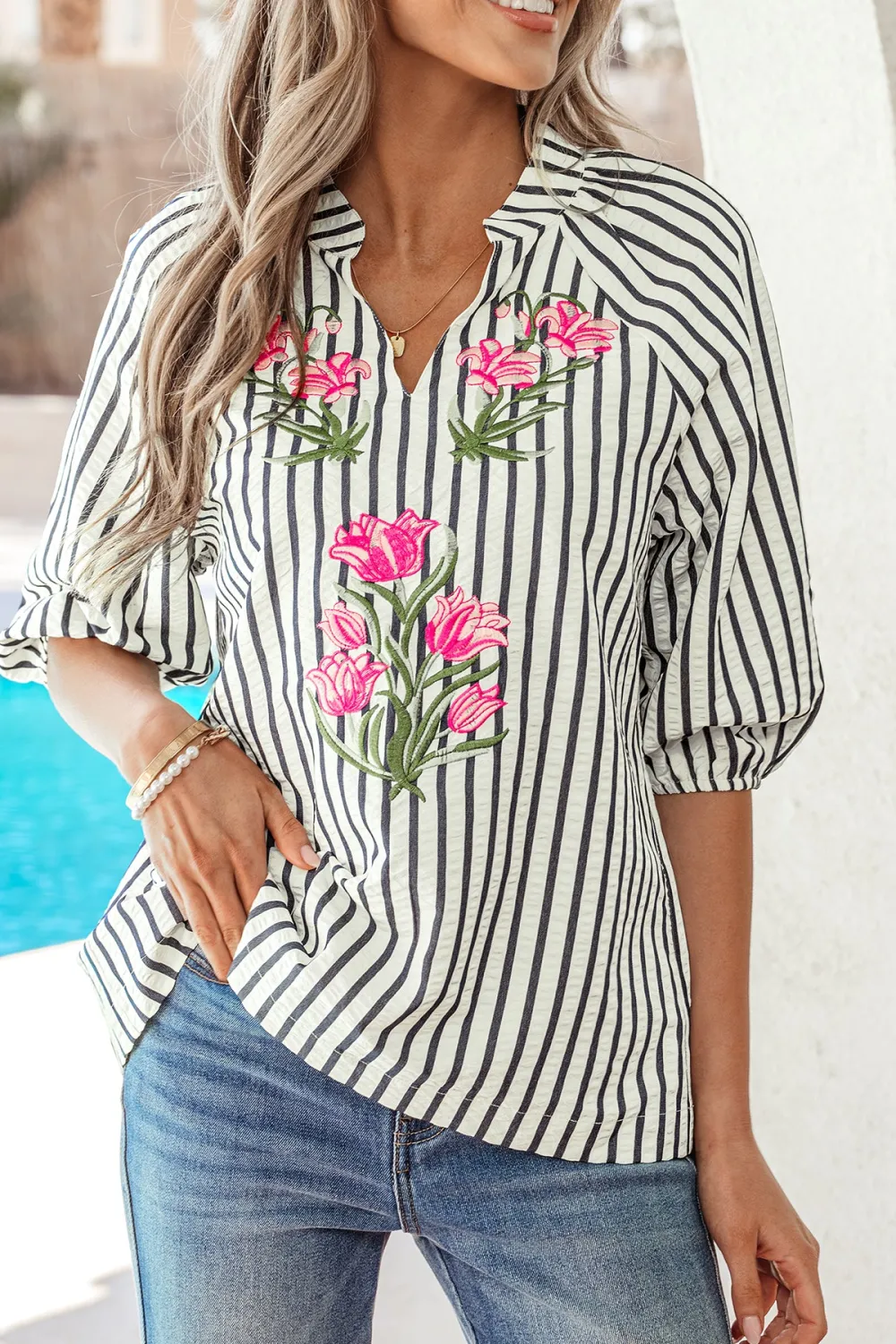Striped Floral Embroidered Blouse
