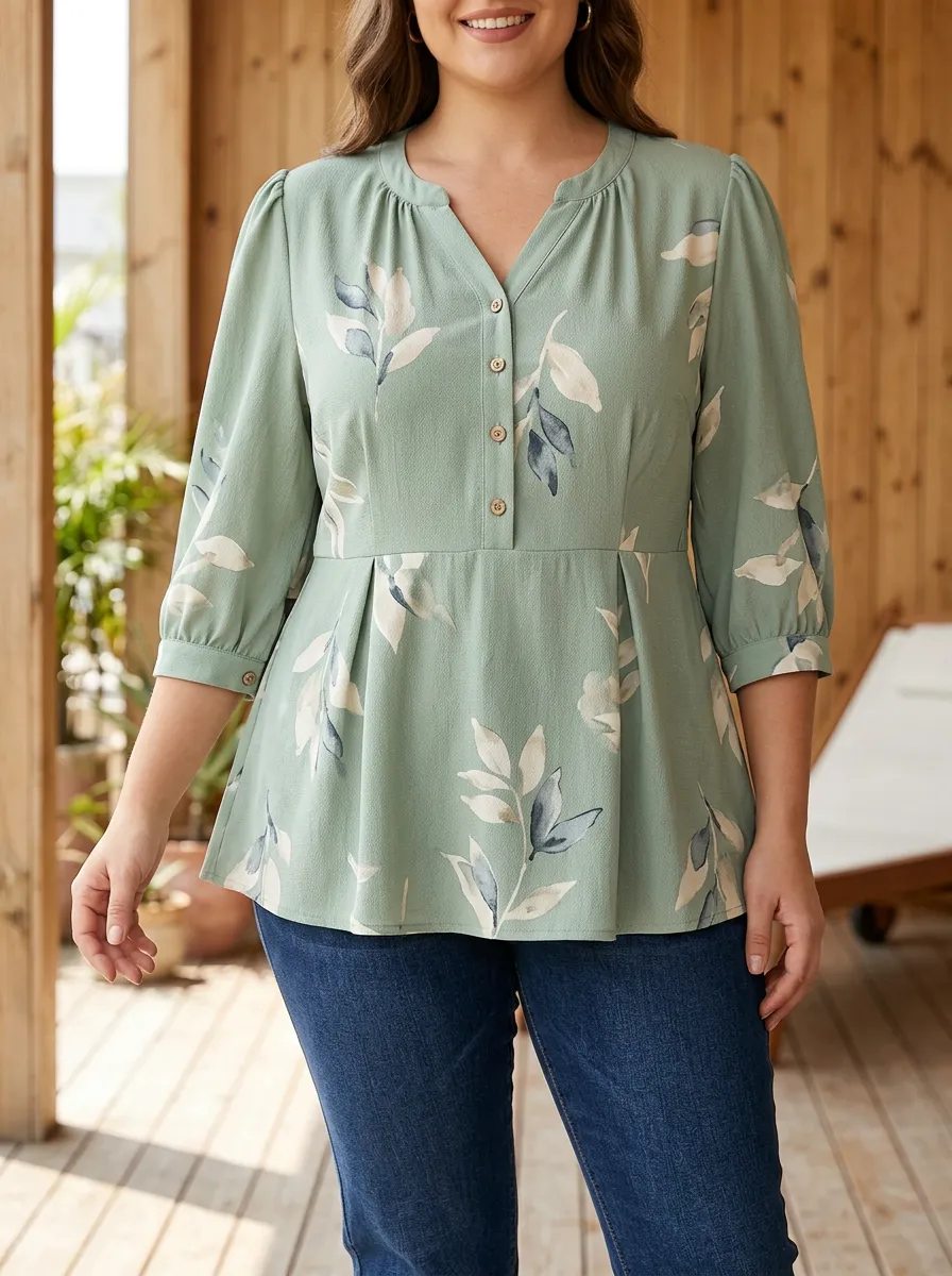 Women's Plus Size Sage Green Botanical Leaf Printed Blouse