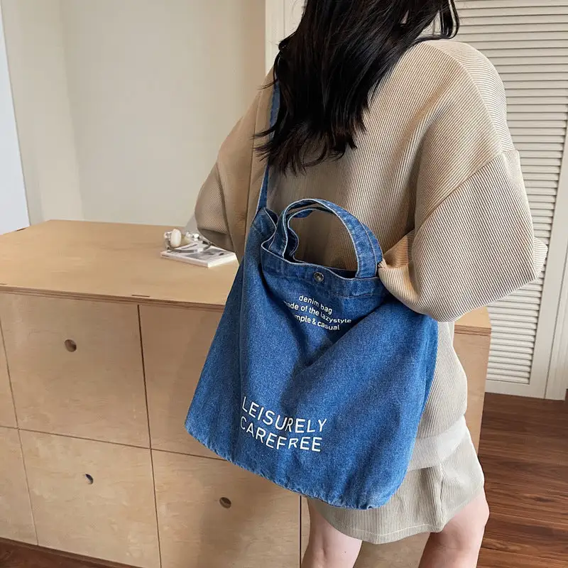 Large Capacity Vintage Casual Washed Denim Bag Letter Print