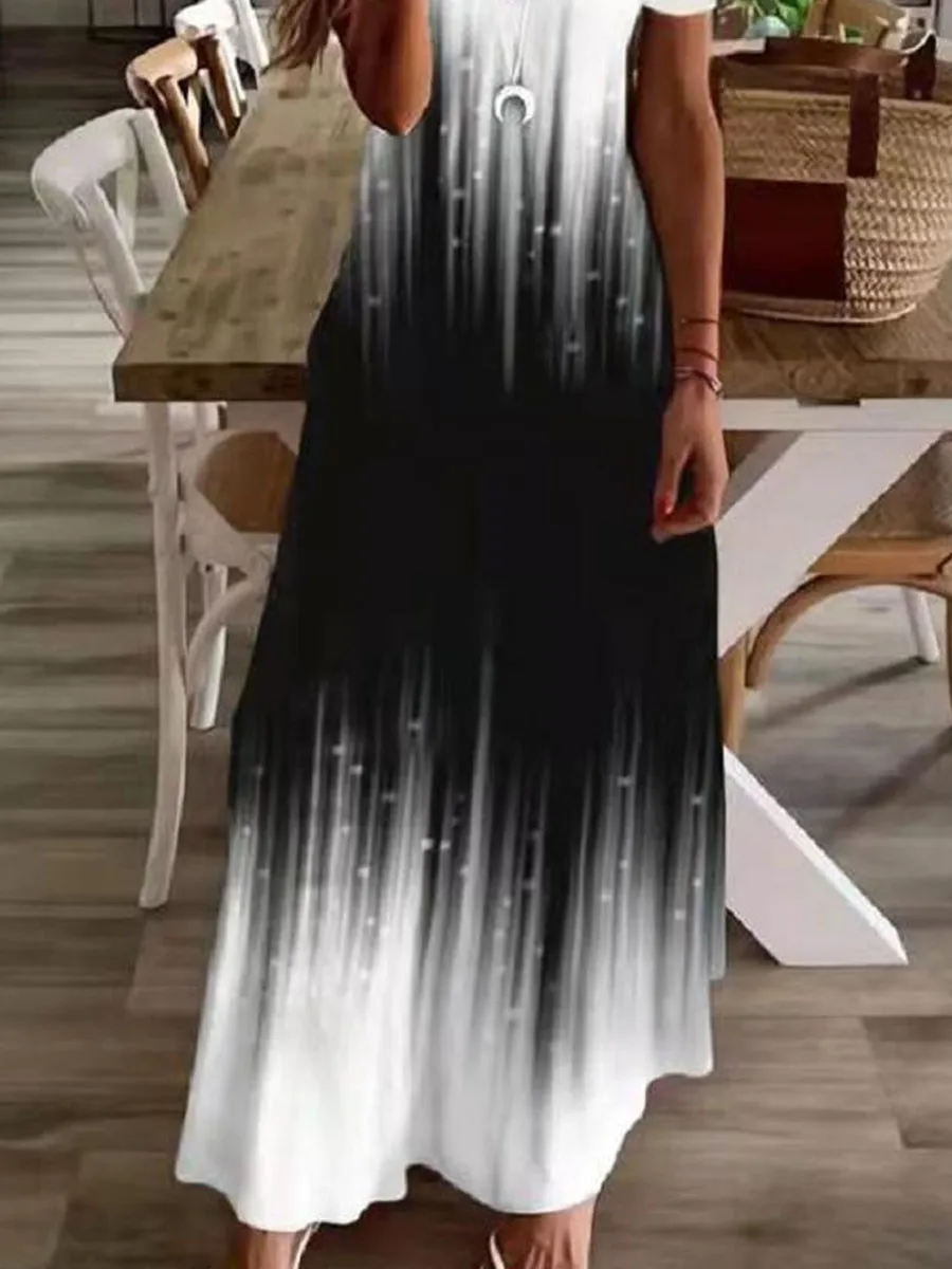 V-neck Printed Casual Short-sleeved Maxi Dress