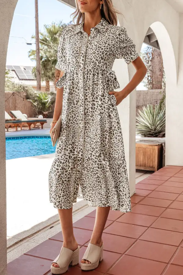 Animal Print Button Front Midi Dress