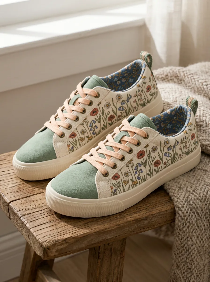 Women's Floral Meadow Wildflower Printed Canvas Sneakers