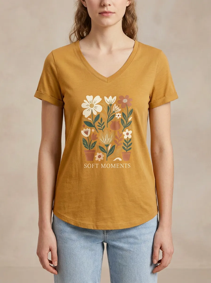 Women's Botanical Soft Moments Floral Potted Plant Print V-Neck T-Shirt