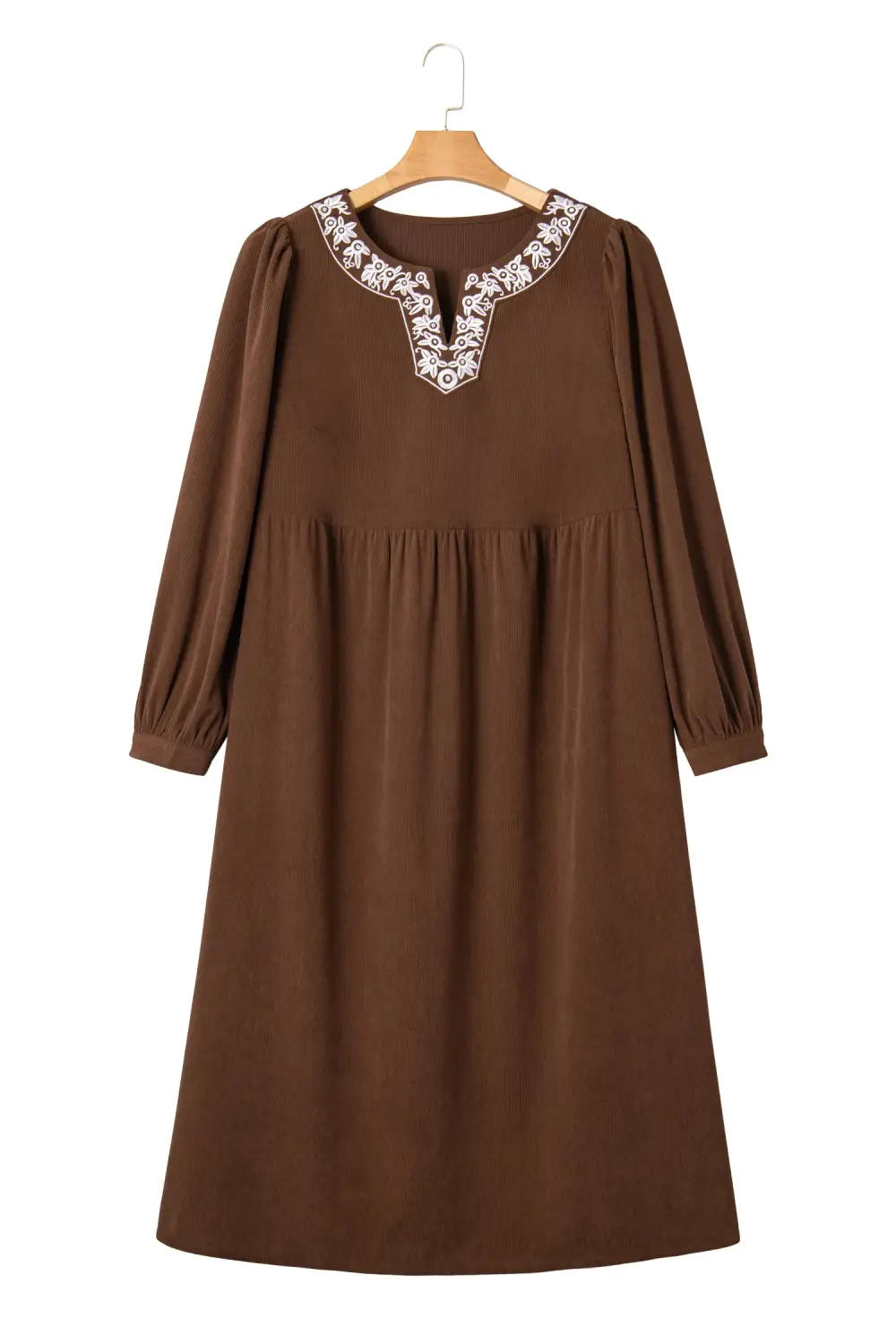 Embroidered Split Neck Pleated Midi Dress