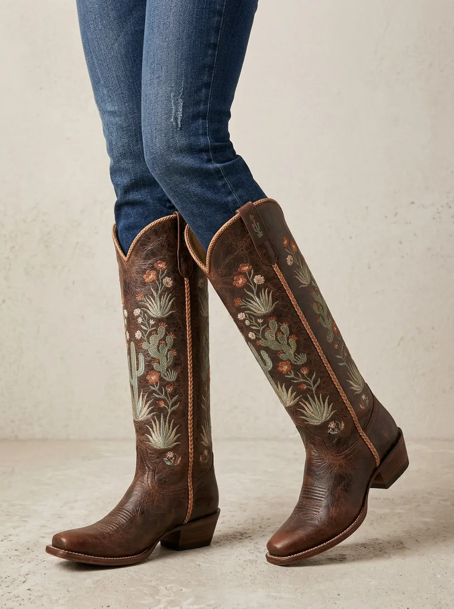 Women's Cactus Floral Embroidered Braided Piped Block-Heel Western Denim Over-the-Knee Boots