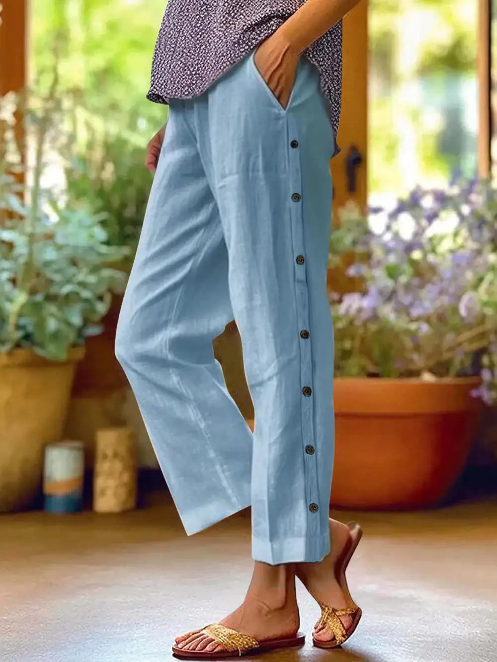 Side Decor Button Casual Wide Leg Pants
