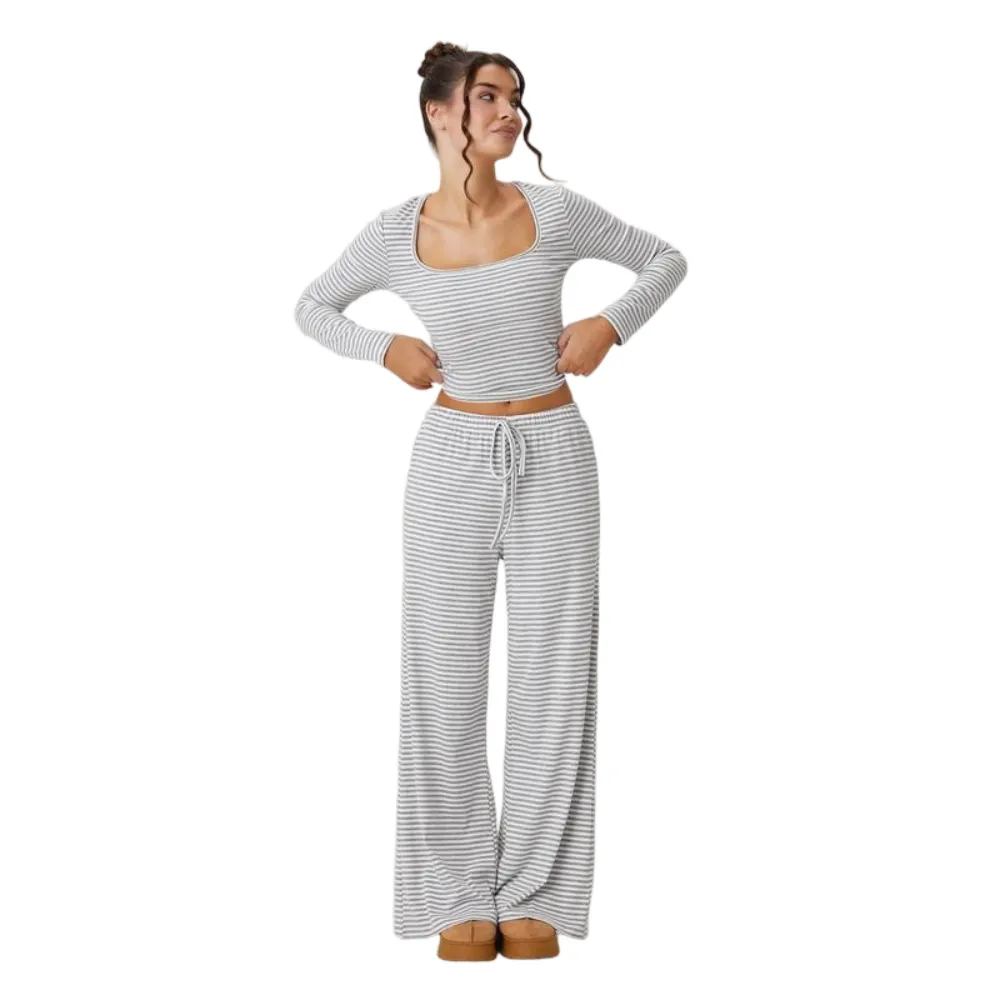 Women's Slouchy Square Neck Stripe Long Sleeve Crop Top & Low-Rise Wide Leg Trousers Co-ord