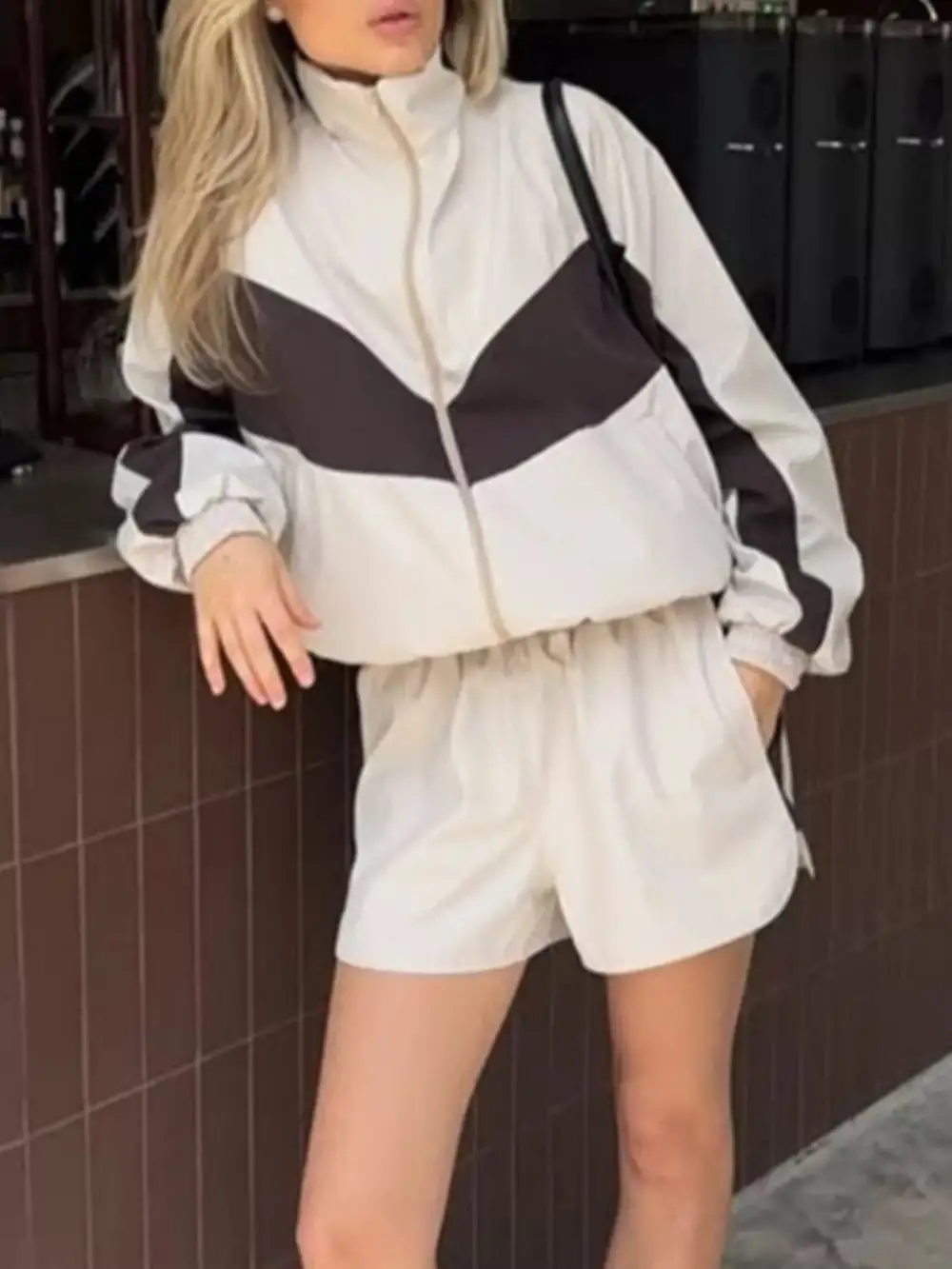Zip-Detail Pocketed Colorblock Top and Shorts Matching Set