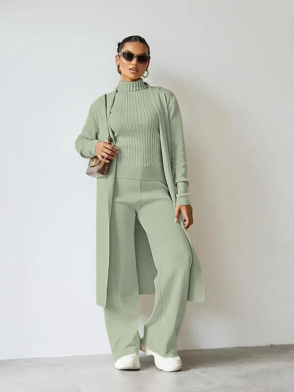 Trendy Knit Turtle Neck Tank & Wide Leg Trousers With Open-Front Long Cardigan Three-Piece Sets