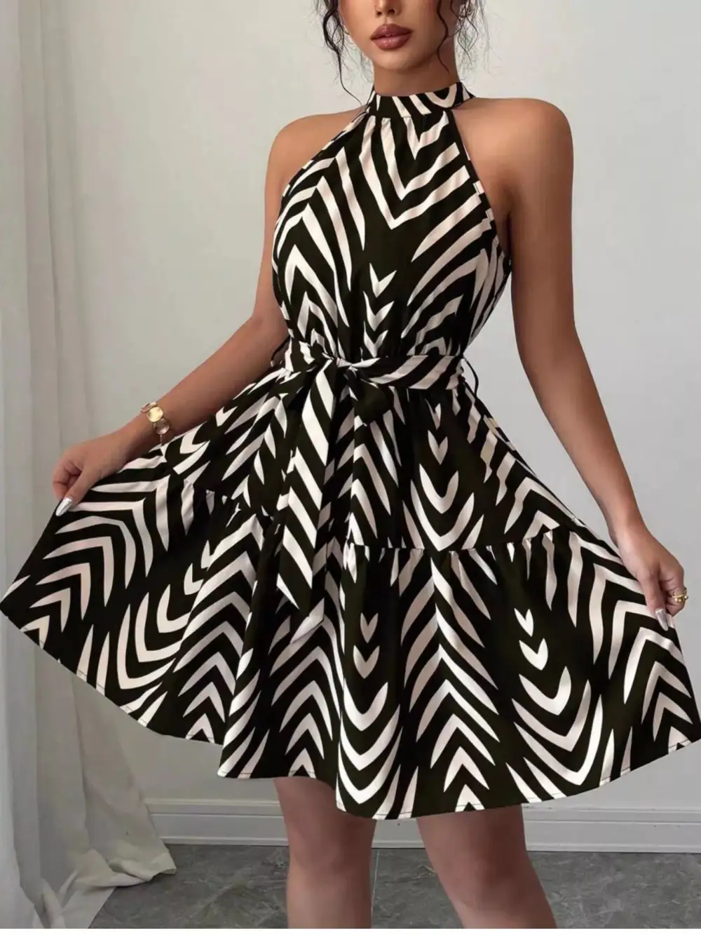 Printed Tie Waist Ruffle Dress Casual