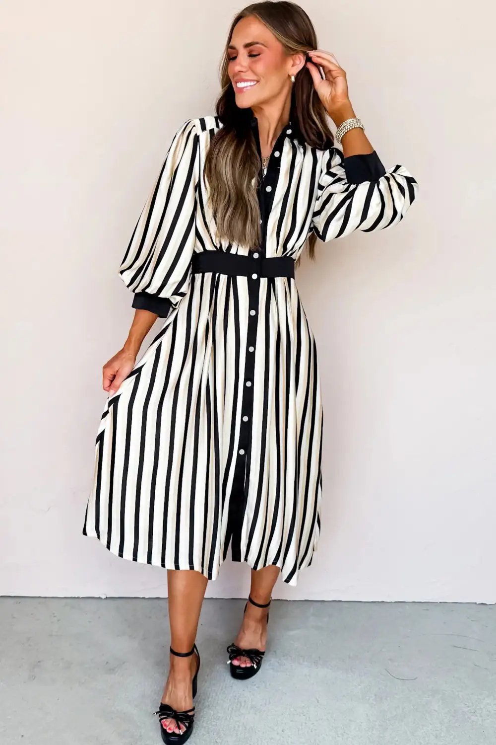 Striped Button Front Puff Sleeve Midi Dress