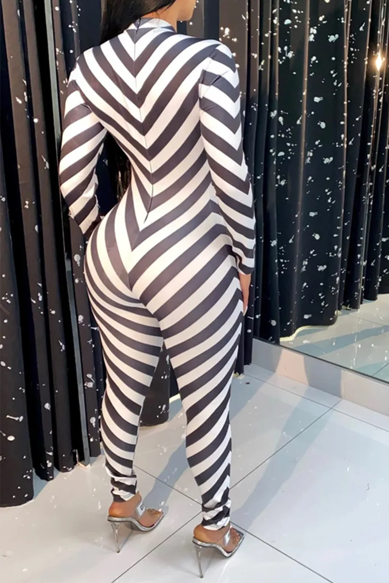 Casual Striped Split Joint Half A Turtleneck Skinny Jumpsuits