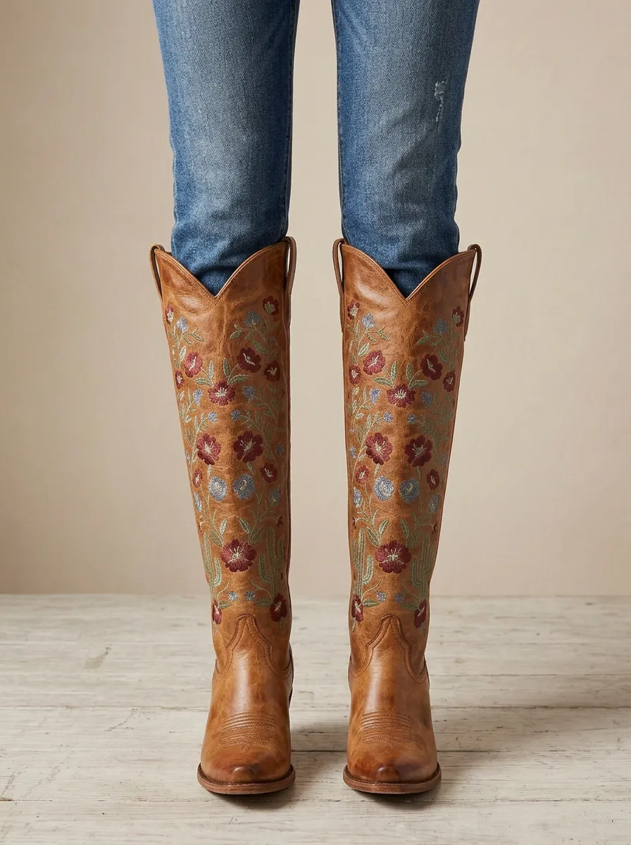 Women's Cactus Floral Embroidered Pointed-Toe Western Denim Over-the-Knee Boots