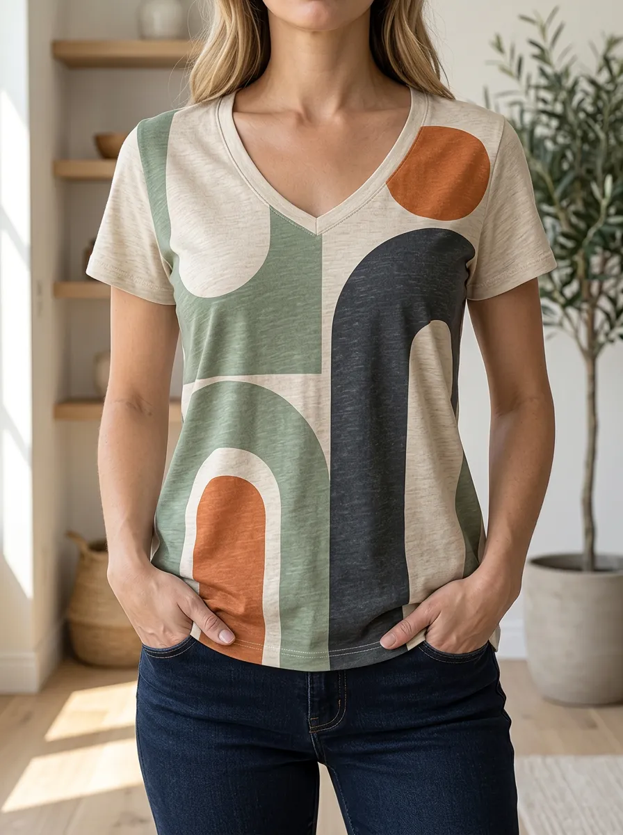 Women's Modern Abstract Geometric Pattern V-Neck T-Shirt