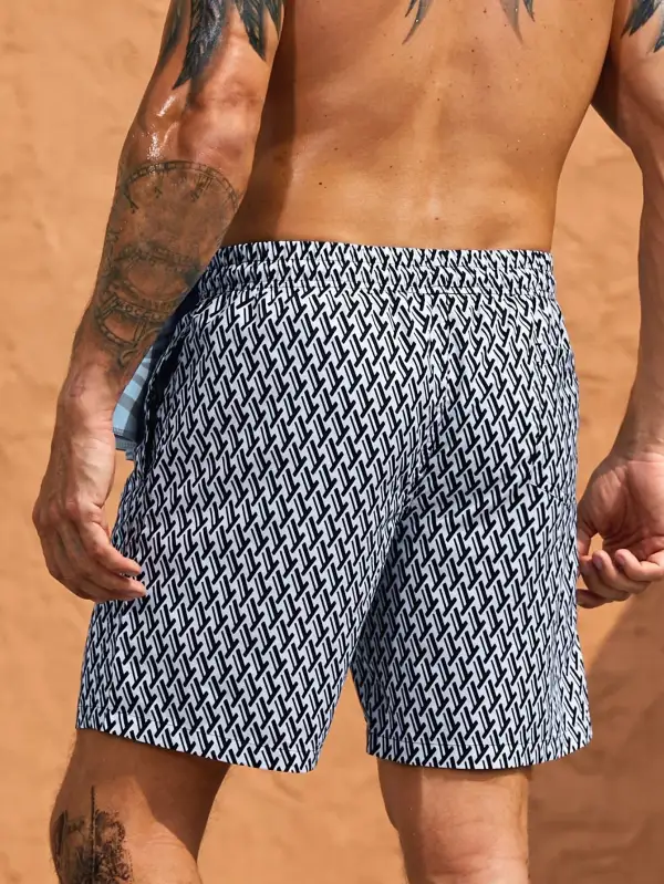 Men's Geometric Allover Print Drawstring Beach Shorts