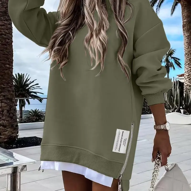 Women's Long Sleeve Pullover Sweatshirt Zipper Slit Casual Dress Drop Shoulder Oversized Outfits