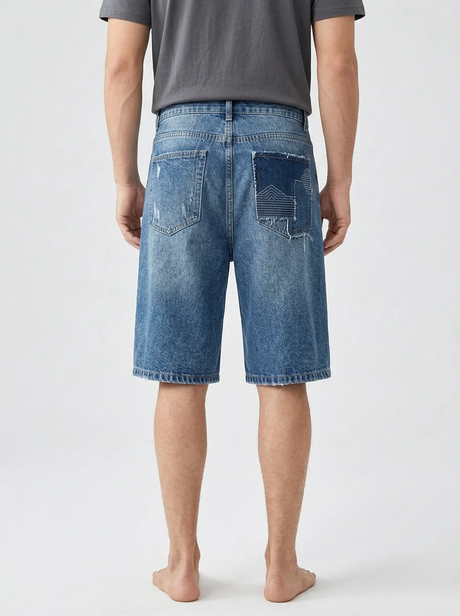 Streetwear Patchwork Embroidered Men's Distressed Raw Hem Denim Shorts