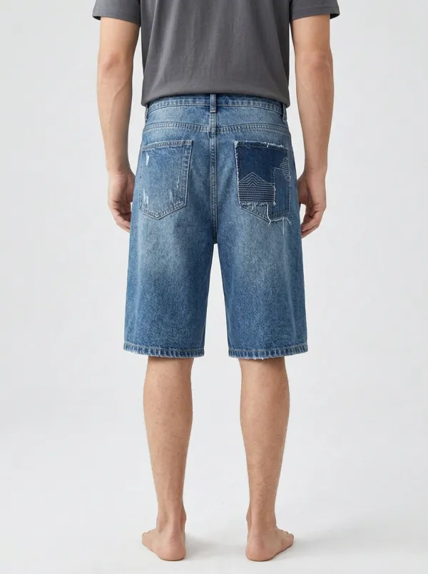 Streetwear Patchwork Embroidered Men's Distressed Raw Hem Denim Shorts