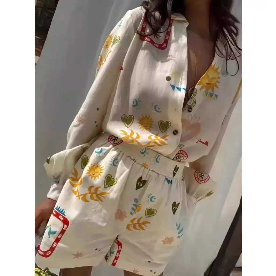 Printed Long Sleeve Shirt and Shorts Set