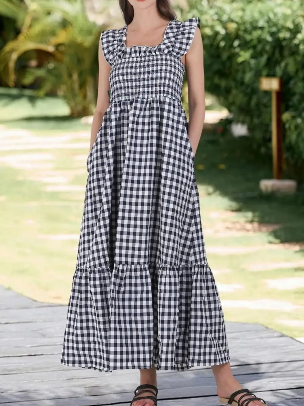 Plaid Ruffle Sleeveless Midi Dress