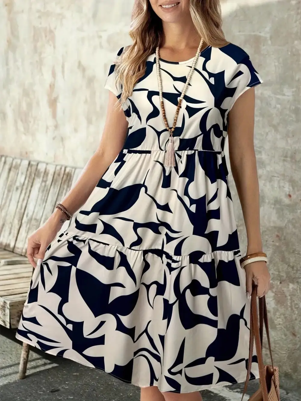 Abstract Print Tiered Short Sleeve Dress Casual