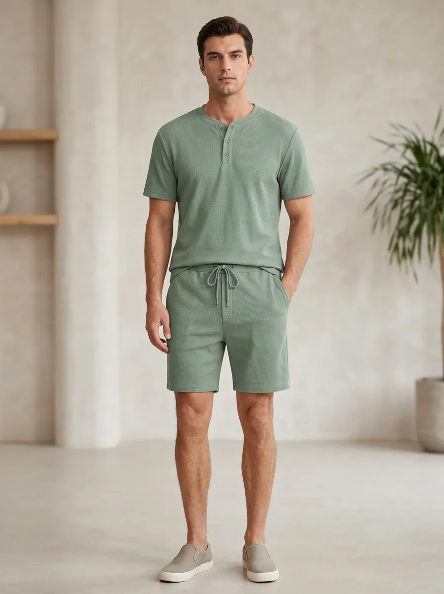 Men's Waffle Knit Sage Green Waffle Knit Henley Short Set