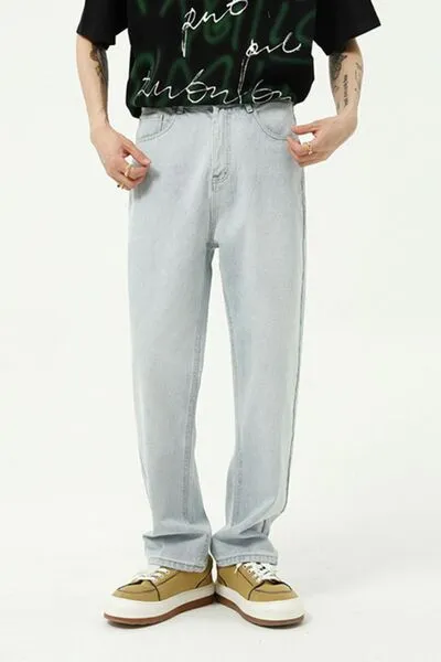 Washed Stretch Slim Straight Jeans