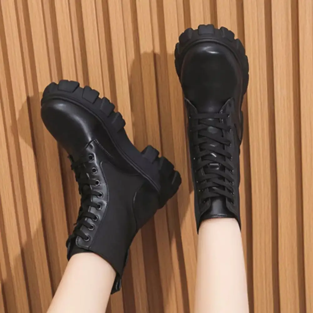 Textured Lace Up Platform Ankle Boots