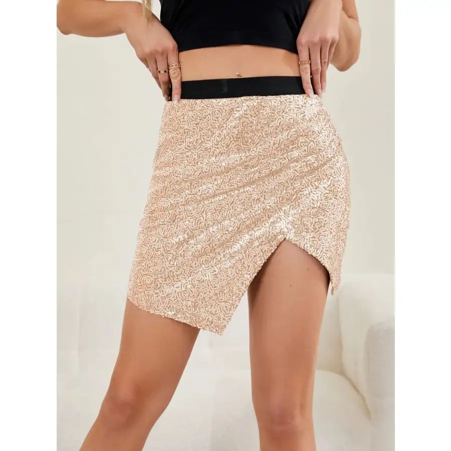 Asymmetrical Slit Sequin Skirt