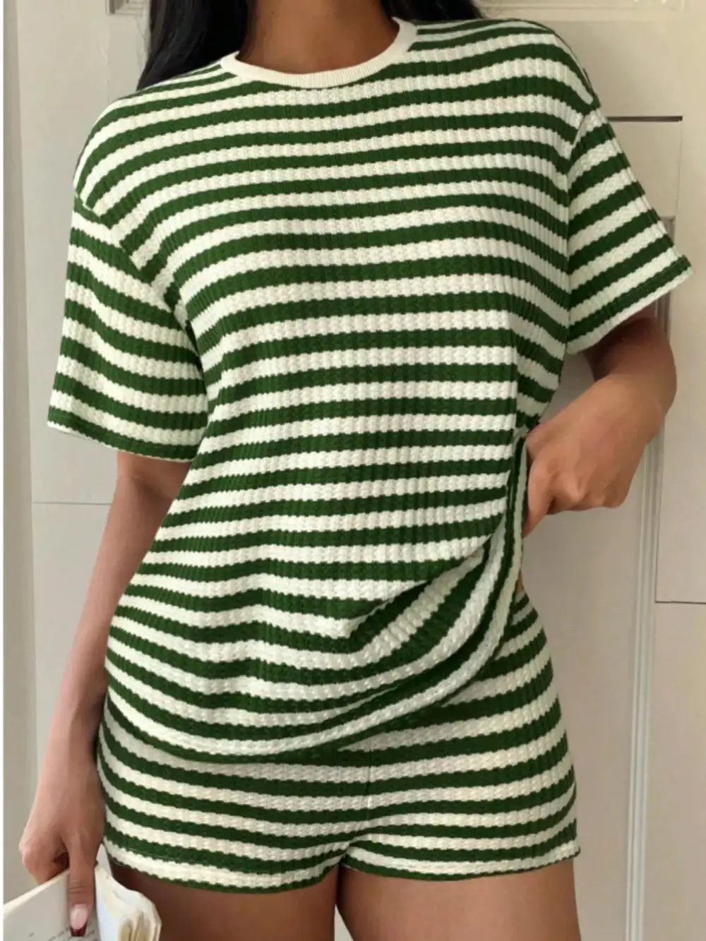 Easy Striped Round Neck Top and Shorts Set